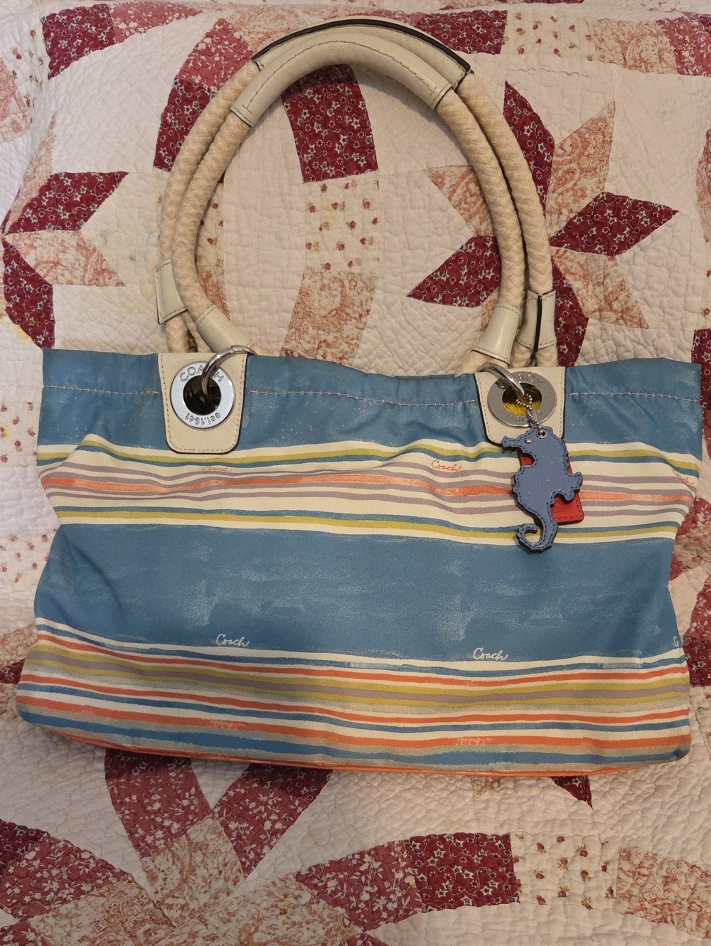 Coach Striped Blue Canvas Tote with Cream Handles